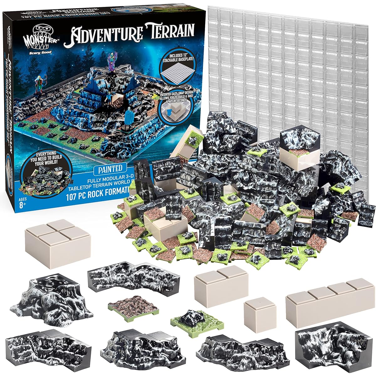 Monster Adventure Terrain 107 Piece Painted Rock Formation Base Set - Fully Modular Stackable 3D Tabletop World Builder - Can be used alone or with other sets - Perfect for DND Dungeons, Dragons, Pathfinder, and All RPG Games