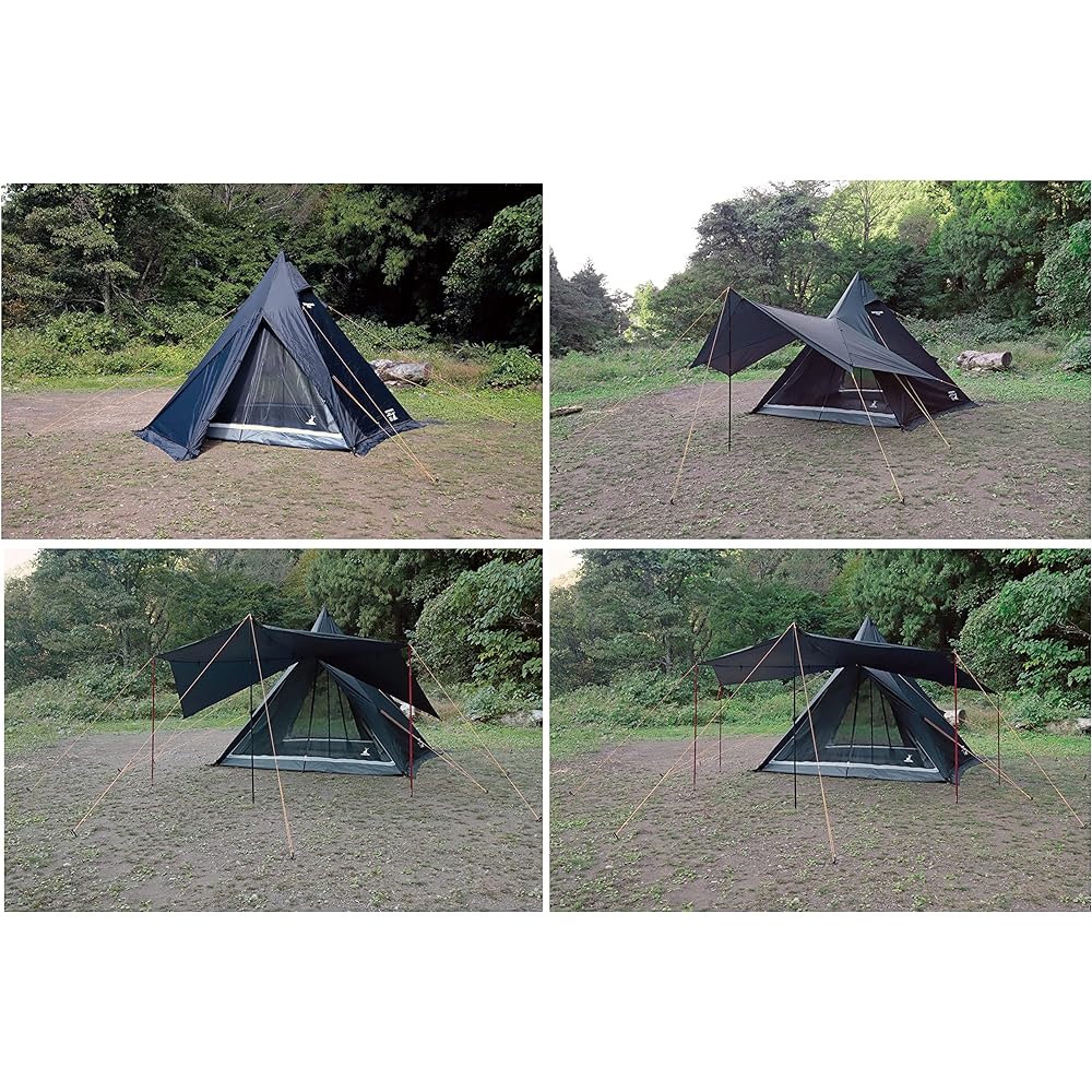 CAPTAIN STAG Tent Teepee One Pole Tent for 4 People UV Protection Water Pressure Resistant Fly 2000mm/Floor 3000mm Ventilation Equipped Black CS Black Label UA-70