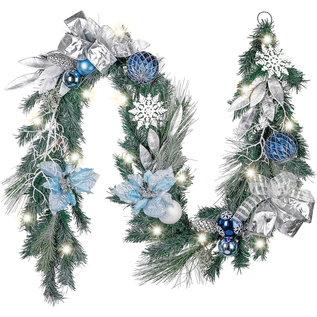 Valery Madelyn Pre-Lighted 6 ft Winter Wishes Silver Blue Christmas Garland with 20 LED Lights and Ball Ornaments for Front Door Window Fireplace Mantle Christmas Decorations Battery Operated