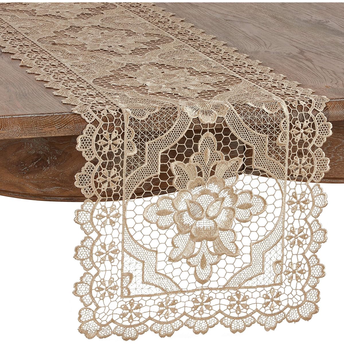 Occasion Gallery Ecru Beige Vintage Style All-Over Lace Table Runner, 15" x 66", Rectangle, 100% Polyester (1 Piece)