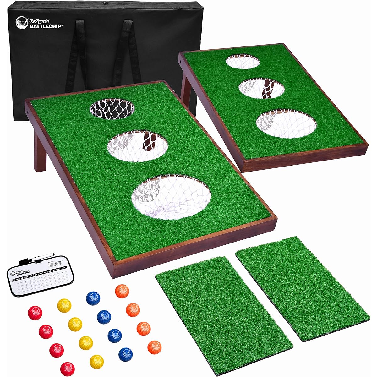 GoSports Battle Chip Versus Golf Cornhole Game - Includes Two 3' x 2' Cornhole Chip Targets, 16 Foam Balls, Two Hit Mats, Scorecards and Carry Case