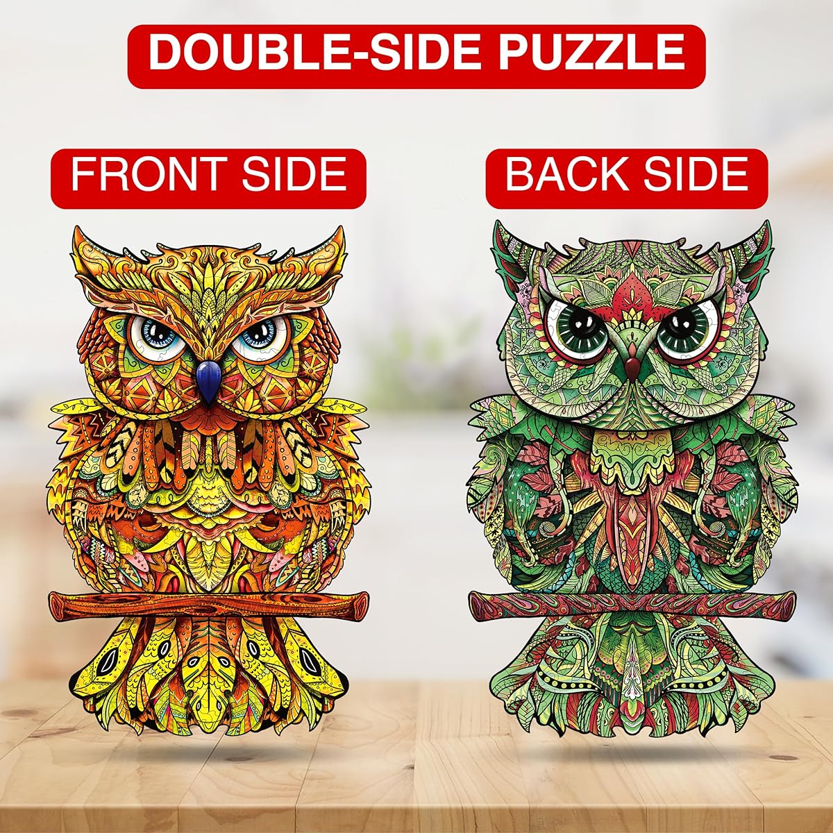 K&M FUN Double Sided Wooden Puzzle for Adults 200 Pieces - Burning Owl/Marvelous Owl - 8 x 10.9 inches - Unique Jigsaw Puzzle & Animal Shape Pieces - Best Gift in Beautiful Packaging - Family Game Play