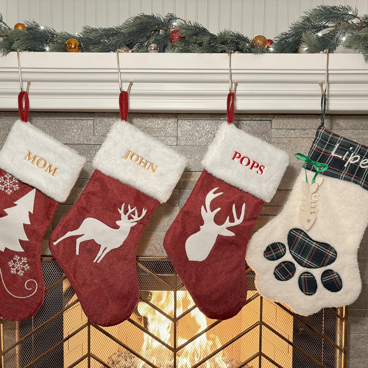 Personalized Christmas Stockings (20") Custom Embroidered Name Fleece & Linen Burlap Red Rustic Farmhouse Fireplace Family Decor Holiday 2023 Christmas Gifts - 5 Pack