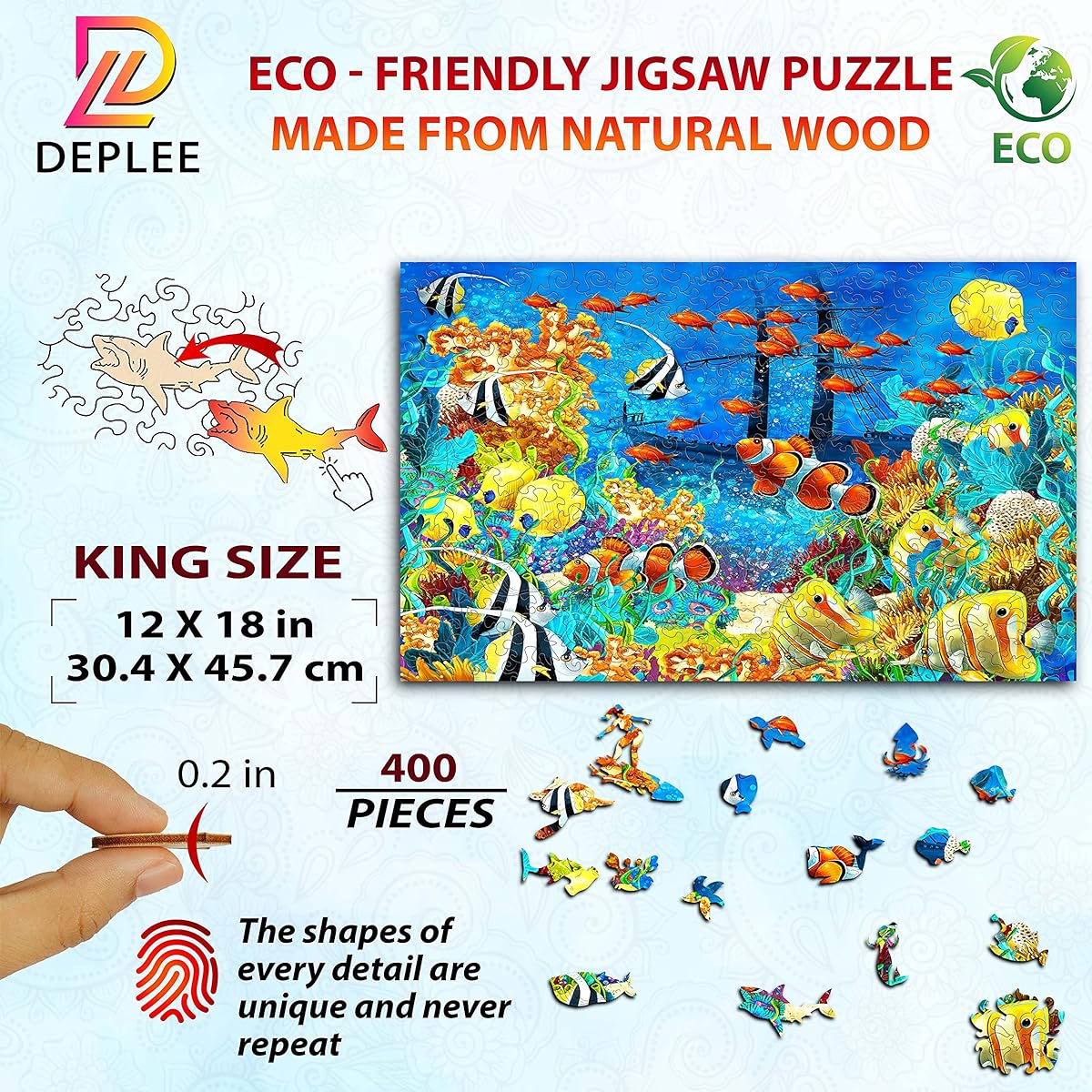 DEPLEE Canvas Wooden Jigsaw Puzzle, Underwater Fish Art Canvas Puzzle, Canvas Wall Art, Perfect Wooden Puzzle for Adults and Wooden Animals, Best Challenge Game | 400 Pieces | 12x18 Inch - King