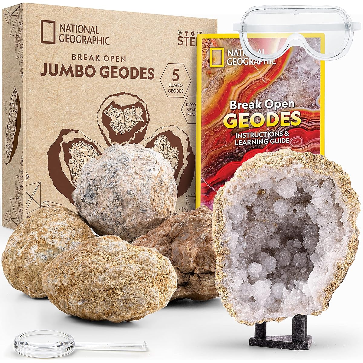 NATIONAL GEOGRAPHIC Break Open 5 Jumbo Geodes - Earth Science Kit with 5 Premium Oversized Geodes, Crystals, Goggles & Display Stand, Science Gifts, Fun for Kids ( Exclusive)