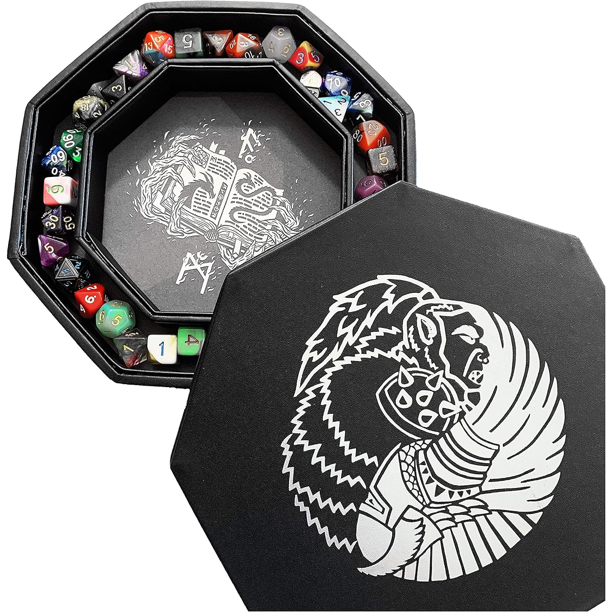 Fantasydice Silver Oak Paladin Yin Yang Dice Tray 8" Octagon with Lids and Dice Staging Area, Set of 5 (Set of 7/Standard) for All Tabletop RPGs