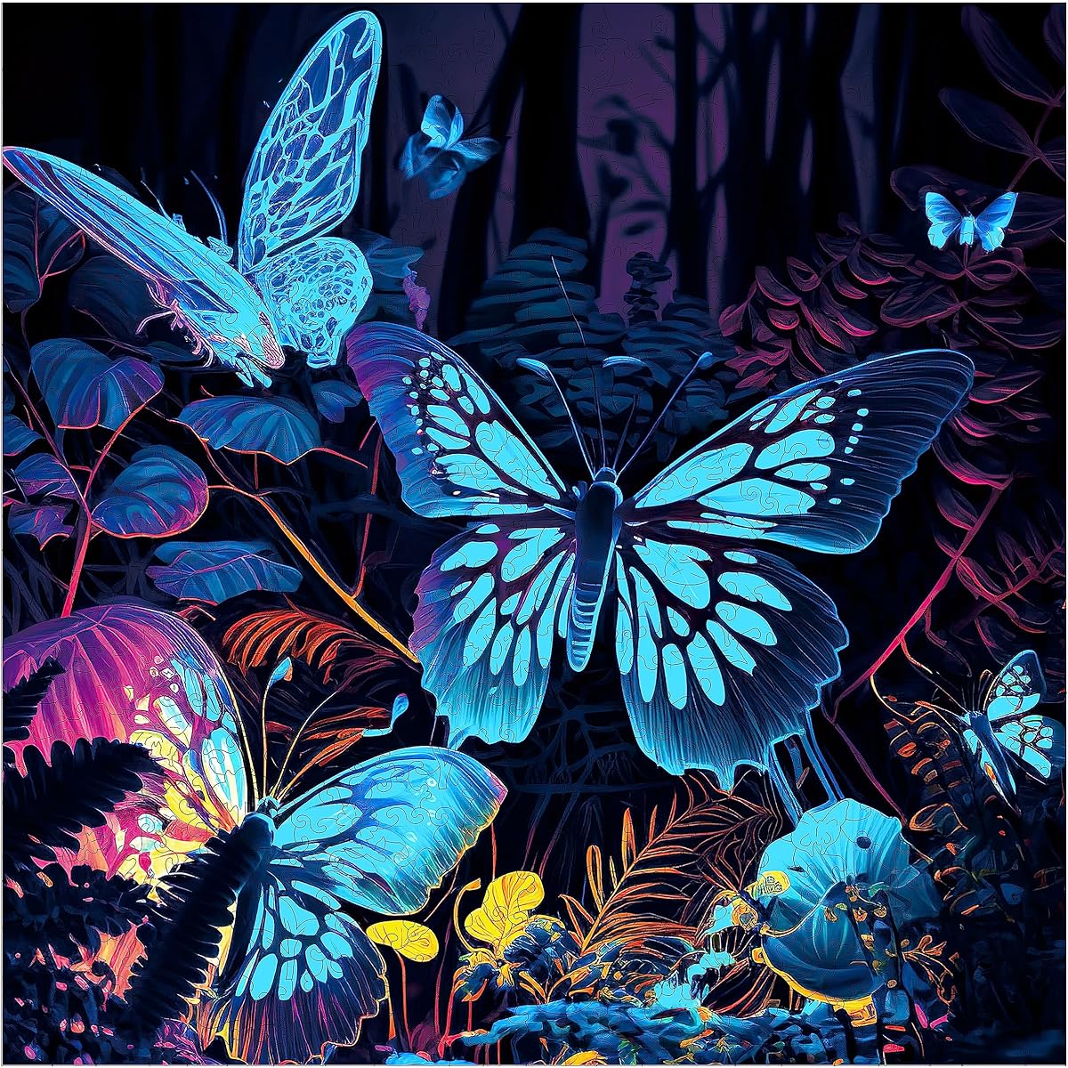 Mys Aurora Wooden Puzzle Butterfly Wooden Jigsaw Puzzle Glow in the Dark 500 Piece Uniquely Shaped Wooden Puzzle for Adults and Kids 16.5 x 16.5 inches