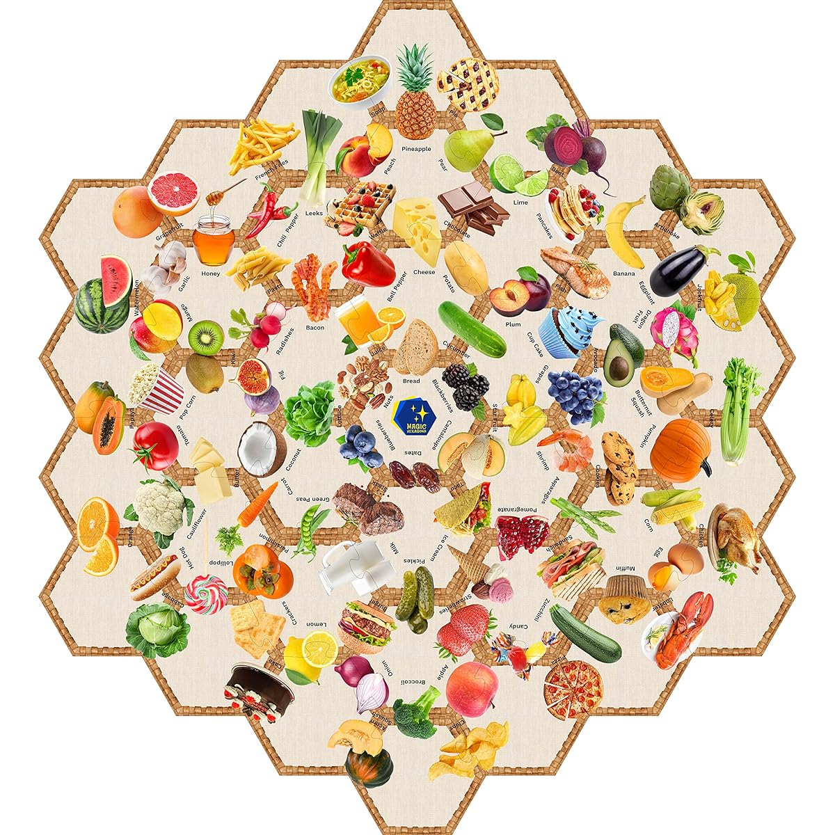 Educational Double-Sided Floor Puzzle for Kids Ages 3-5 and 4-8, Unique Hexagon Shapes, Realistic Images and Words, Fun Preschool Learning Activity, 180 Foods and Objects (37 Pieces, 26"x29")
