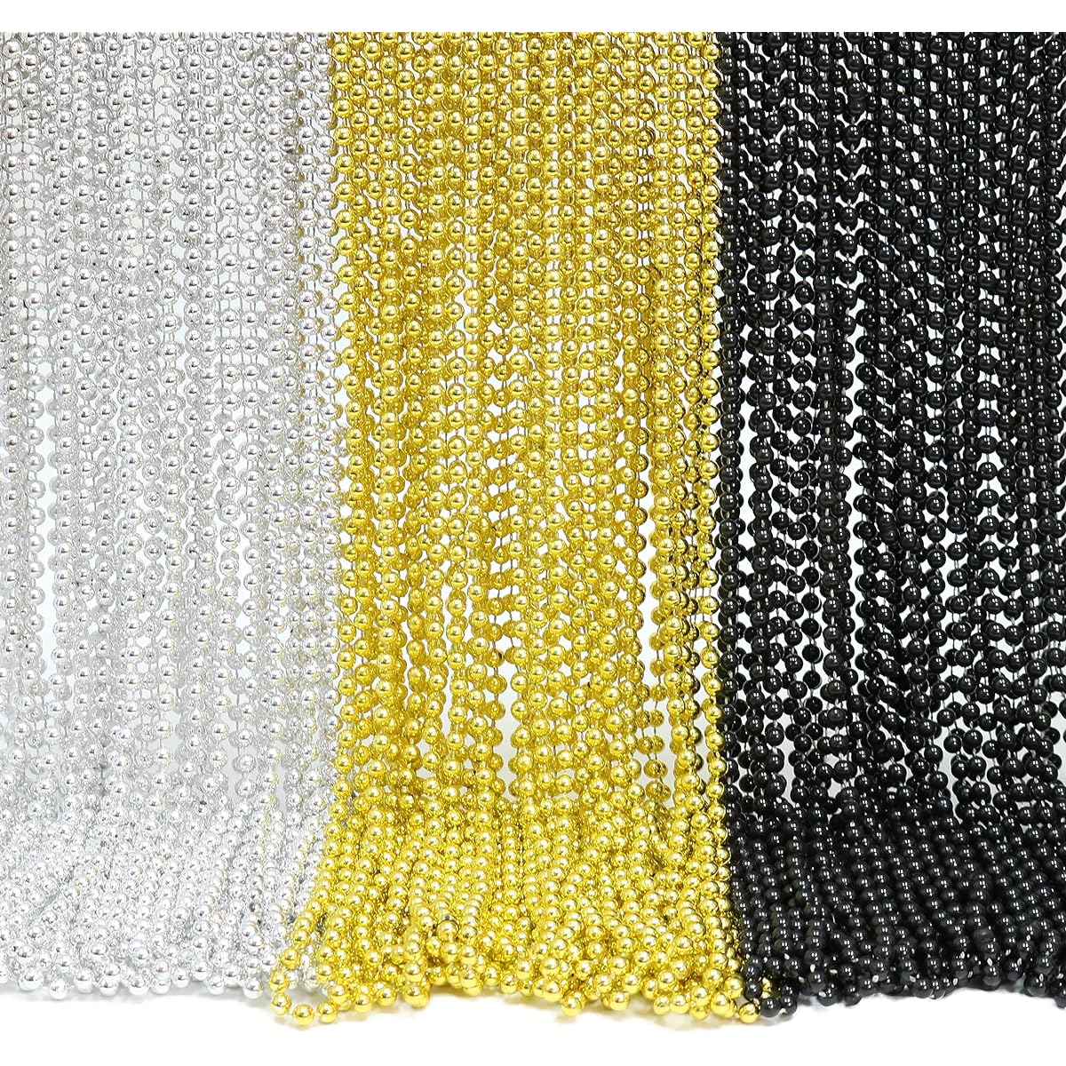 GIFTEXPRESS 33 Inch Mardi Gras Bead Necklace Metallic Black Gold Silver Bead Necklace Mardi Gras Throw Party Bead Costume Necklace Pack of 72, Plastic, No Gemstones.