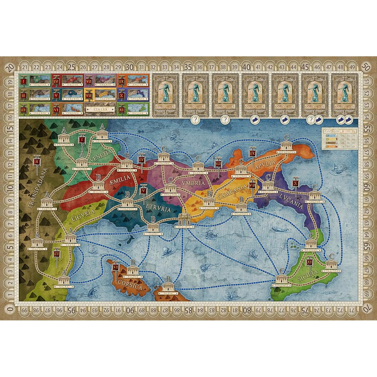 Concordia Board Game Base Game and Expansion Set Aegyptus / Creta, Balearica / Cyprus, Gallia/Corsica Plus 2 Treasure Chest Buttons