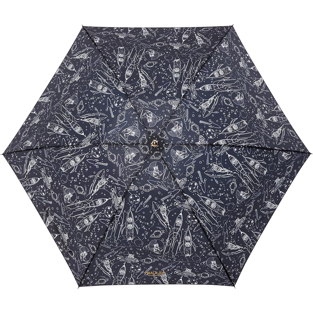 [Moonbat] Folding Umbrella PAUL & JOE (Paul & Joe) Space Cat Travelers Rain Umbrella Folding Umbrella with Logo Simple Stylish Cat Travel Cute Ladies Black Rib Length: Approx. 55cm