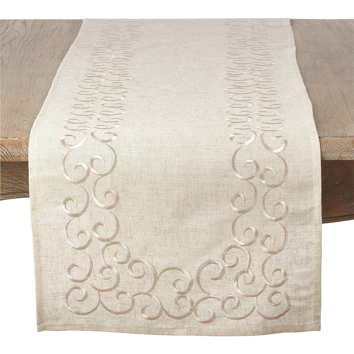 SARO LIFESTYLE Swirl Collection Embroidered Design Linen Blend Table Runner 16" x 108", Natural