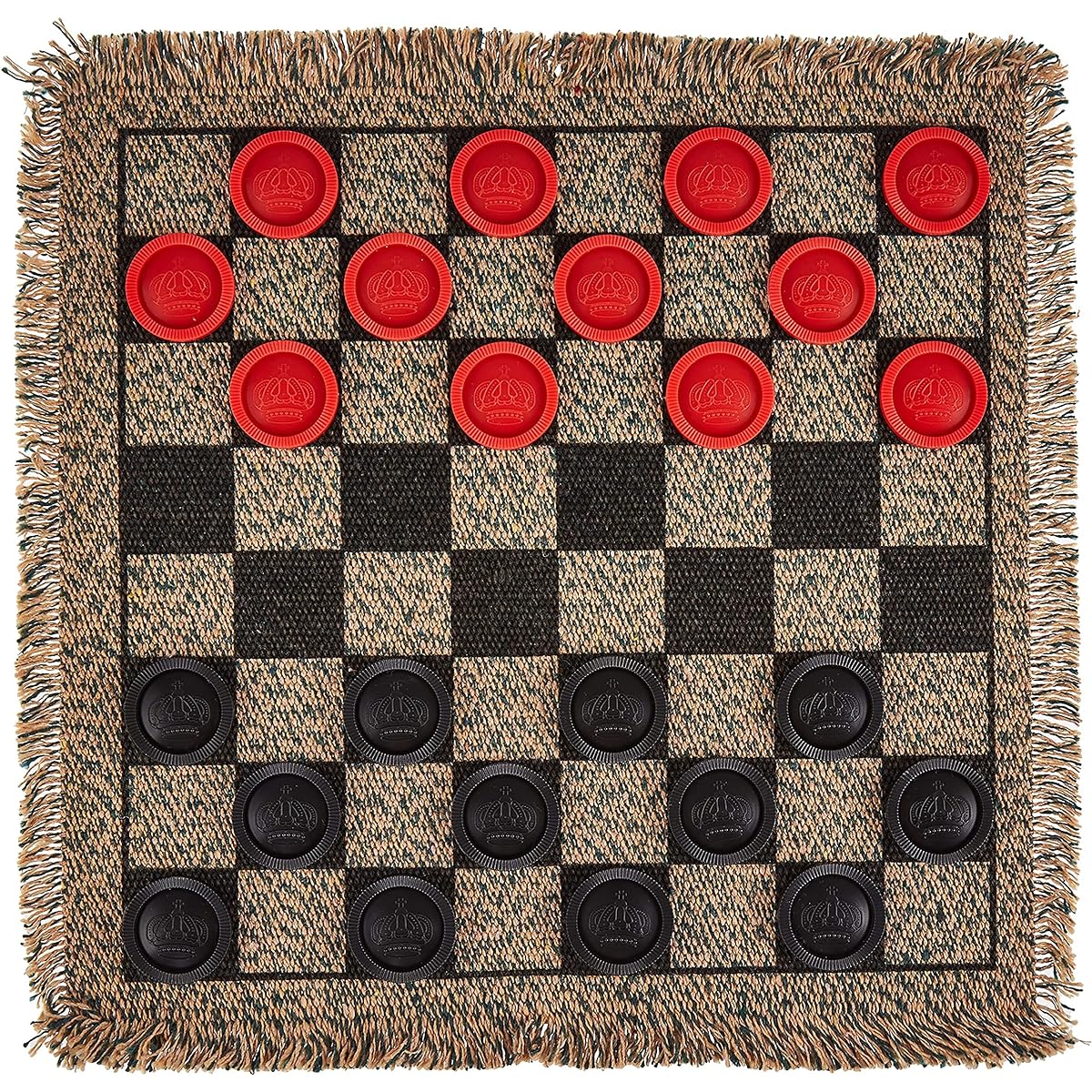 3-in-1 Mini Checkerboard Rug + Classic & Mega Tic Tac Toe - Portable Compact 12" x 12" Reversible Checkerboard Rug - Travel, Party, On-the-Go Games, Family Board Game Night