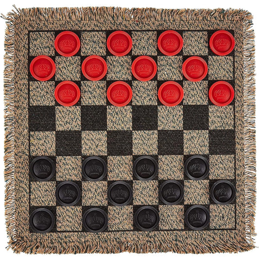 3-in-1 Mini Checkerboard Rug + Classic & Mega Tic Tac Toe - Portable Compact 12" x 12" Reversible Checkerboard Rug - Travel, Party, On-the-Go Games, Family Board Game Night