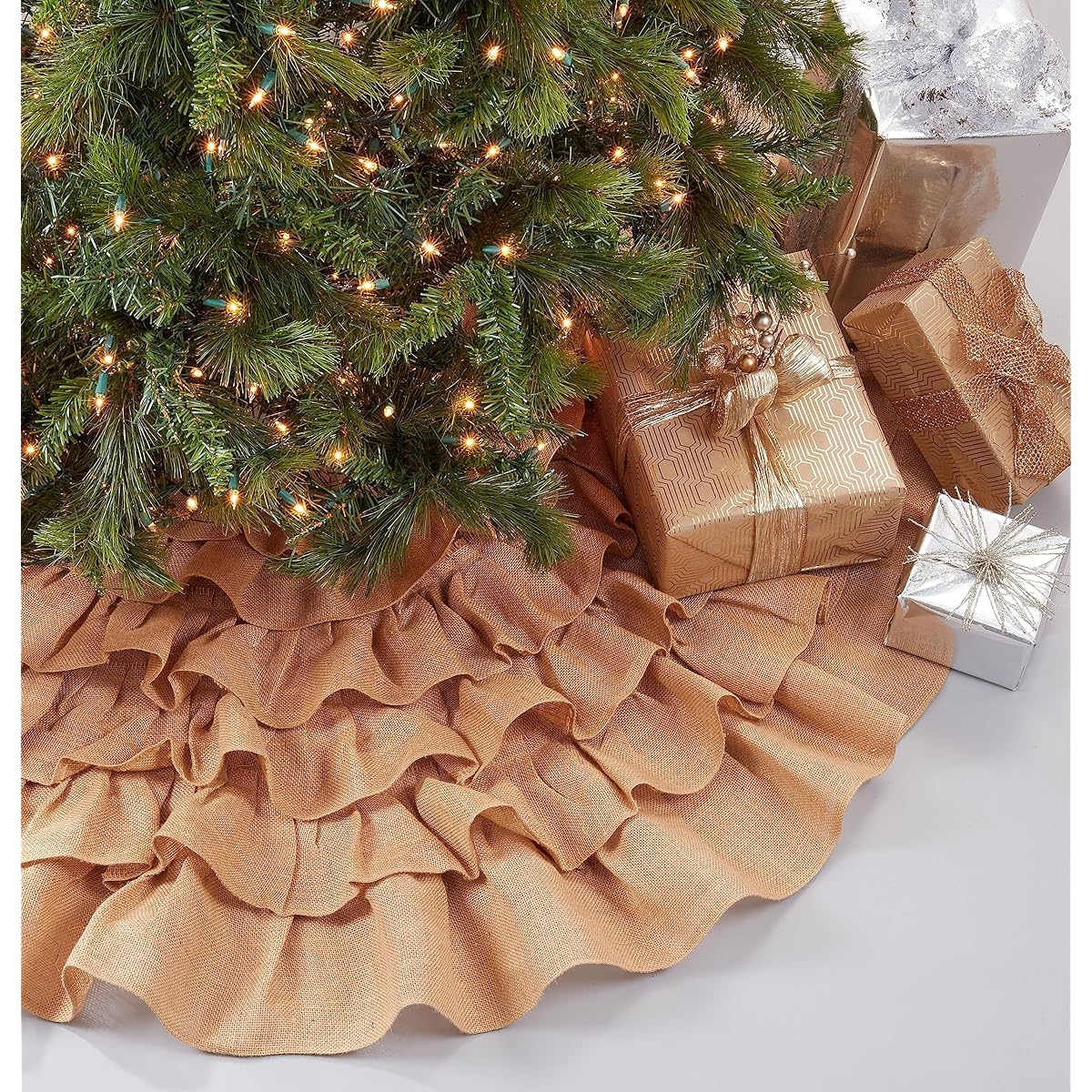 SARO LIFESTYLE Ruffled Burlap Collection Christmas Tree Skirt Ruffle Design