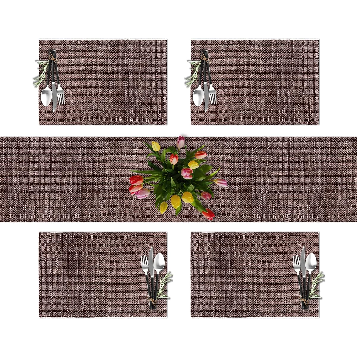 CK Home: Modern Style Set of 1 table runner and 4 placemats. Woven from durable vinyl/poly yarn. Easy to clean and store. Color: Brown, Coffee/Tan, Teal/Brown.