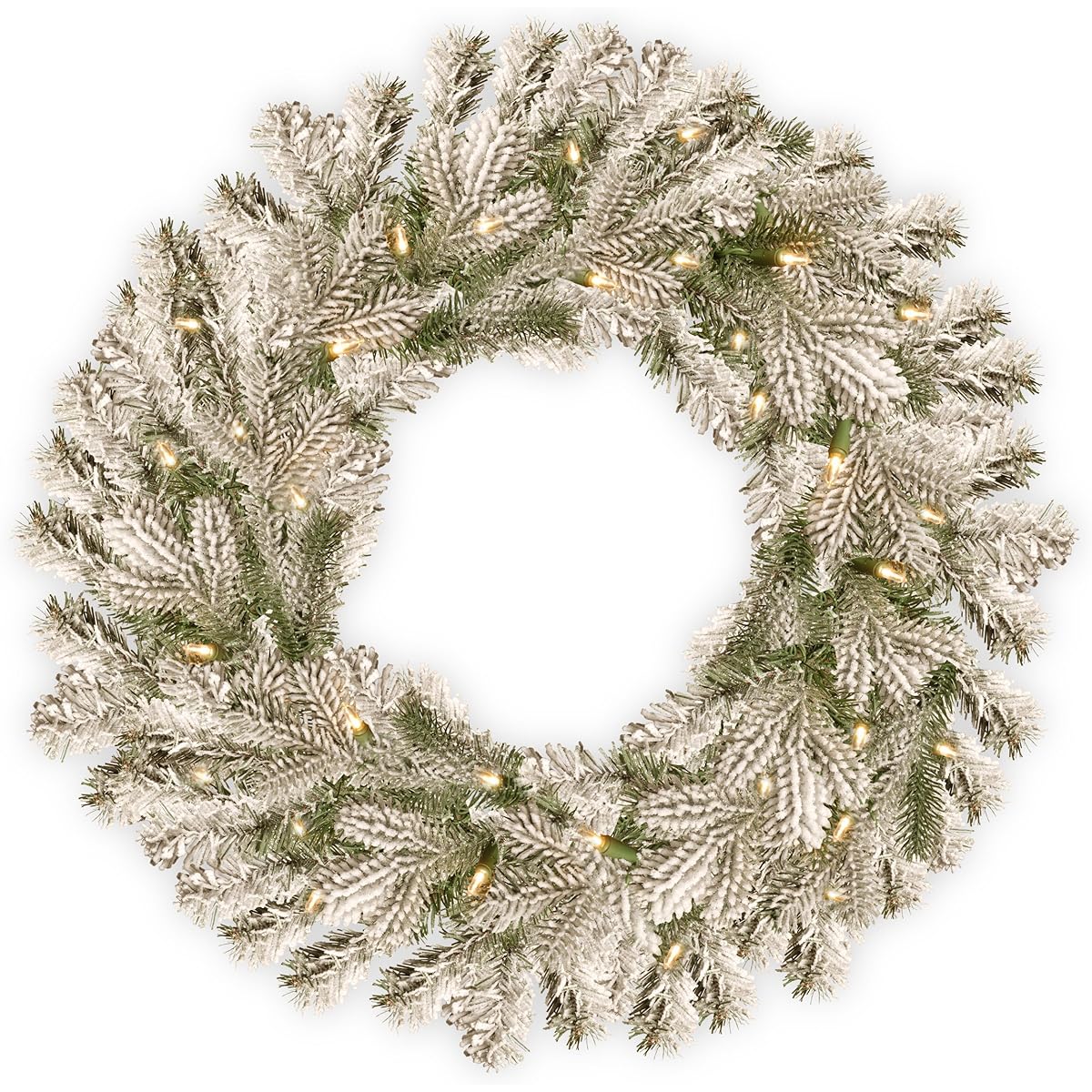 National Tree Company Pre-Lit 'Feel Real' Artificial Christmas Wreath, Green, Snowy Sheffield Spruce, White Lights, Decorated with Frosted Branches, Christmas Collection, 24 Inches