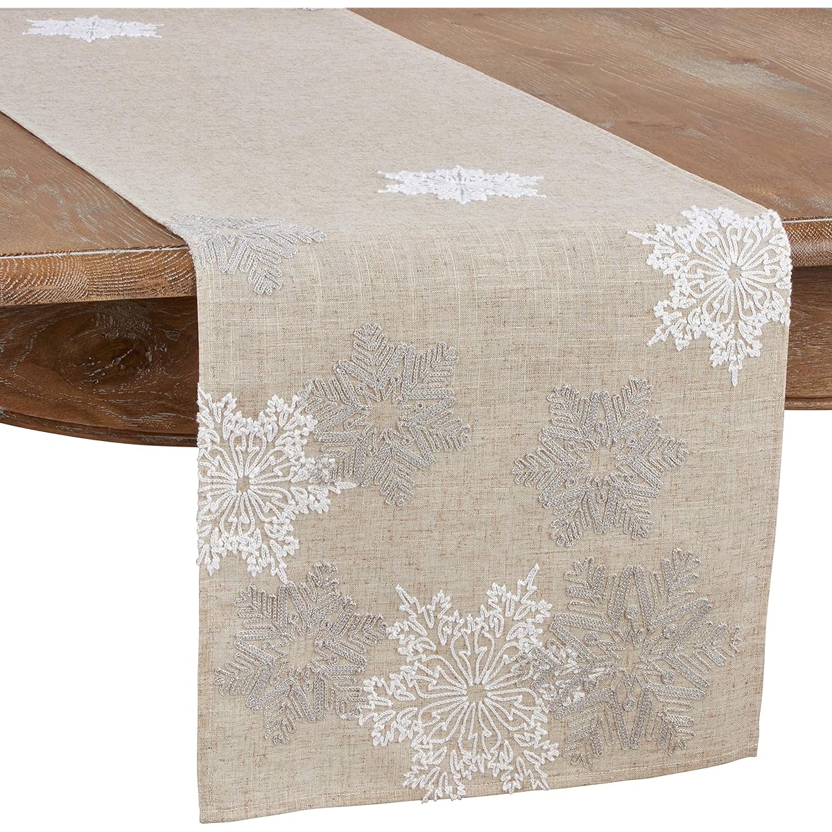 Natural Beige Embroidered Snowflake Table Runner 16" x 70" Rectangle 80% Polyester 20% Linen (1 Piece)