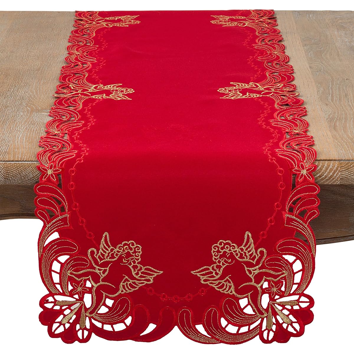 SARO LIFESTYLE 412.R1554B Cupidon Collection Embroidered Cupid Design Table Runner 15" x 54", Red