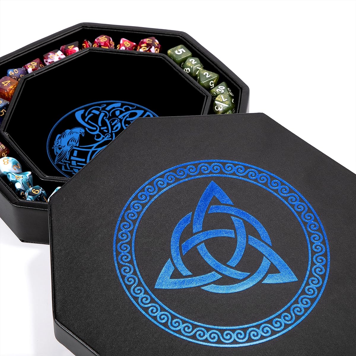 DND Dice Tray - Premium 8 Inch Dice Tray Dungeons and Dragons - Exquisitely Detailed Blue World Tree & Triquetra Design - Perfect RPG Dice Rolling Tray with D&D Dice Box Storage to Protect Dice