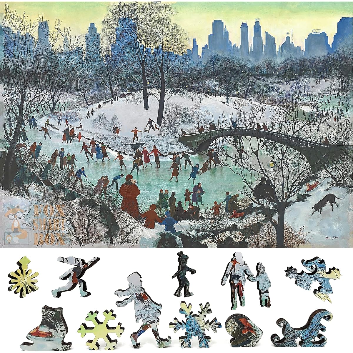 FoxSmartBox Wooden Jigsaw Puzzle for Adults - Uniquely Shaped Pieces - Made in the USA - 180 Piece - Skating in Central Park