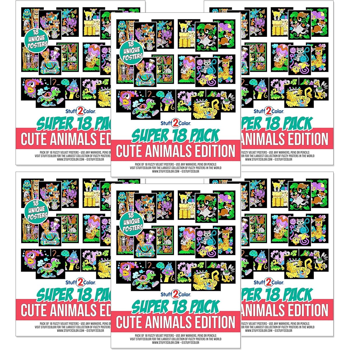 Super Pack 18 Fuzzy Coloring Posters (Cute Animal Edition) - Art & Craft Kit for Kids Girls Boys - Great for Quiet Time Projects and Indoor Family Activities (6 Pack Bundle)