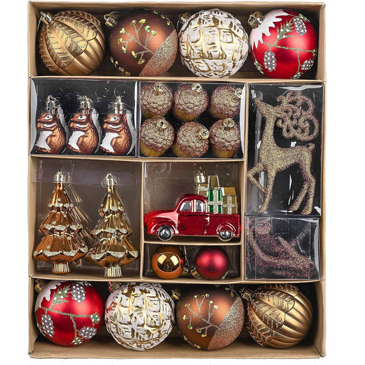 Valery Madelyn 60ct Woodland Red Brown Christmas Ball Ornaments Decoration Shatterproof Christmas Tree Ornaments for Christmas Decorations