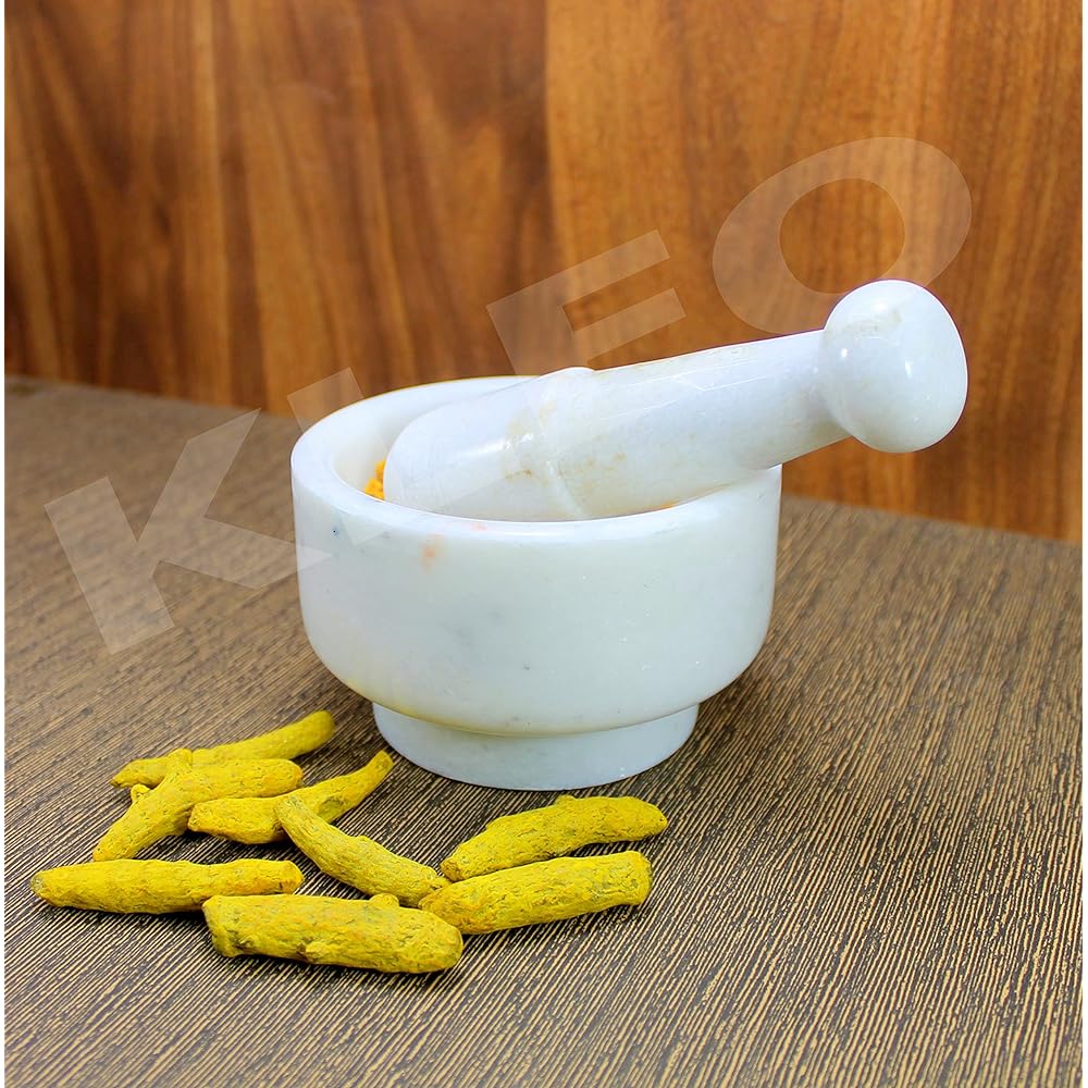 KLEO 5" Diameter Natural Stone Marble Mortar and Pestle Set Spice Grinder, Medicine Masher (White)