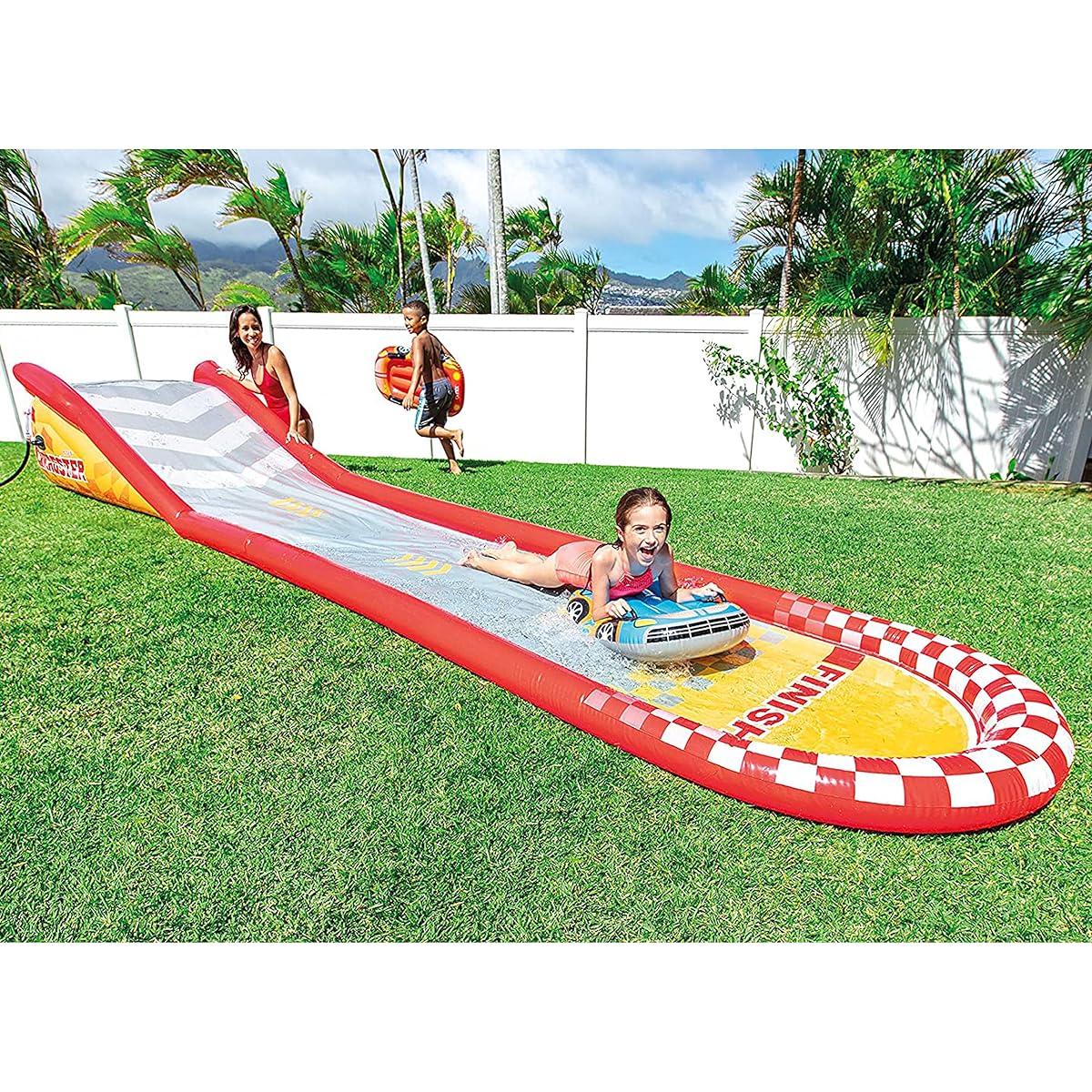 Intex 57167EP 18.5' Long Inflatable Racing Fun Water Slide Track with 2 Surf Car Riders and Built-in Spray, Ages 6+