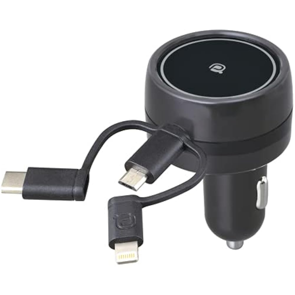 SEIWA Car Supplies Smartphone Charging Cable 3way DC Reel Charger mini AL360 microUSB Lightning Type-C Output 5V/2.4A Apple MFi Certified