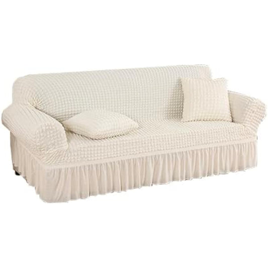 Sofa cover with armrests, stretch, frilled sofa cover, Nordic, just put it on, stretchy, fitted cover, stretchy, easy to install, washable, machine washable [off-white, 3-seater (190-230cm)]