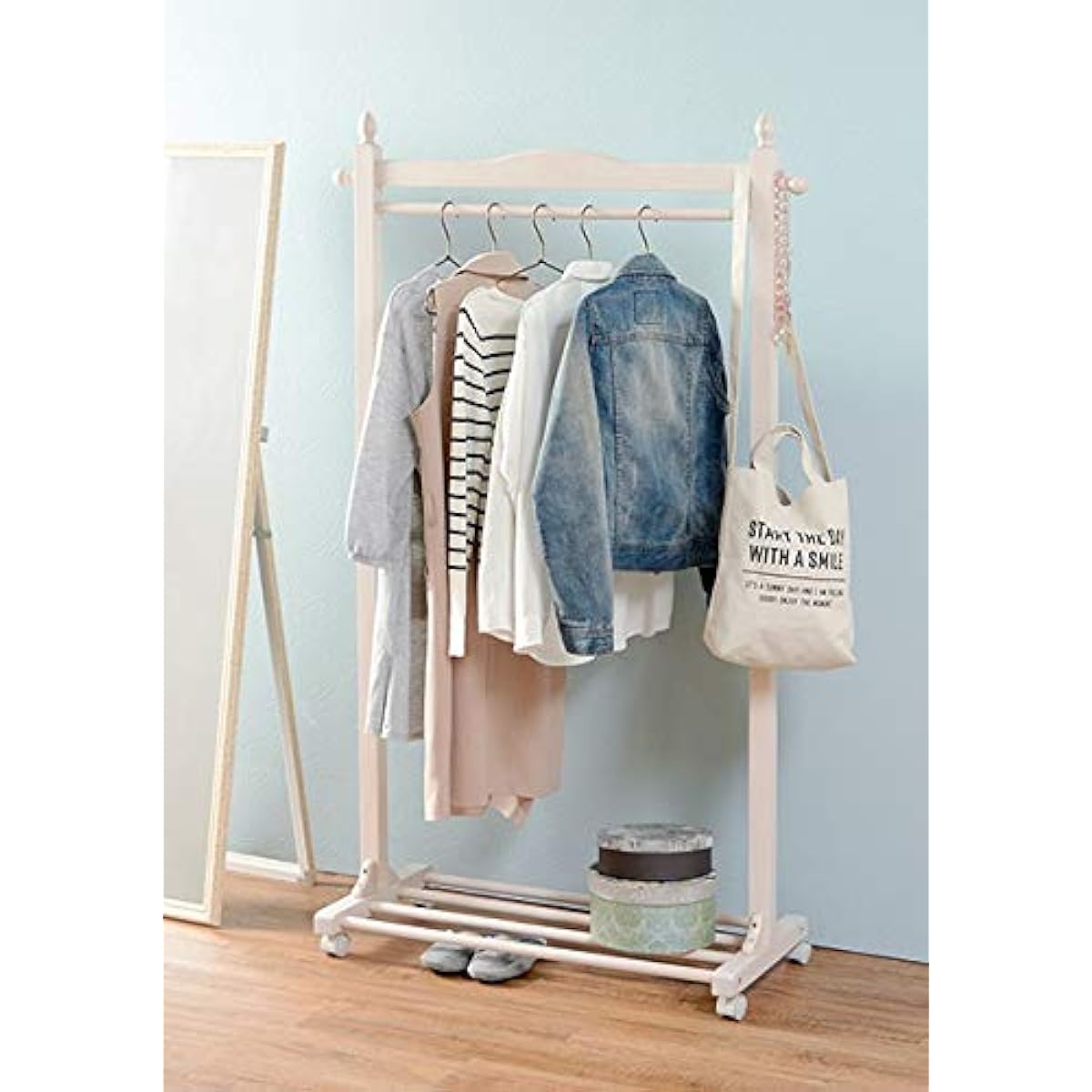 Hagihara Hanger Rack Coat Rack Coat Hanger with Casters [Both Storage Capacity and Ease of Use] Clothes Storage Natural Wood Wood White Width 90cm VR-7238WS