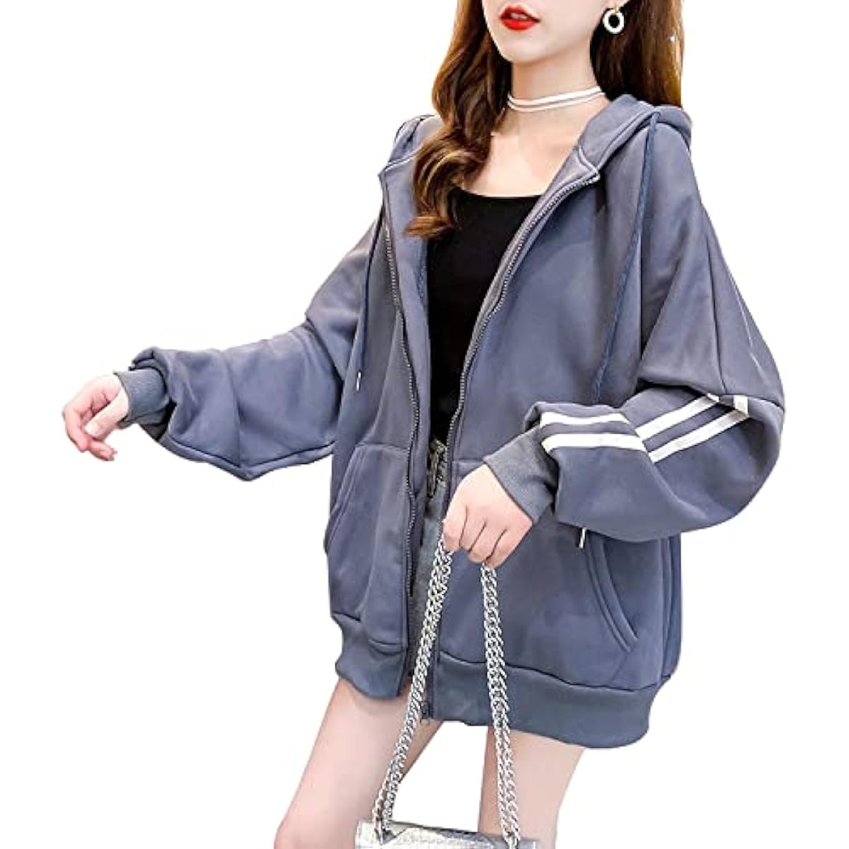 [Milowerge] Oversized front zip hood hoodie, loose, large, cute, stylish, casual, women's, long sleeve, soft to the touch, comfortable to wear, body shape coverage, box silhouette, gray M
