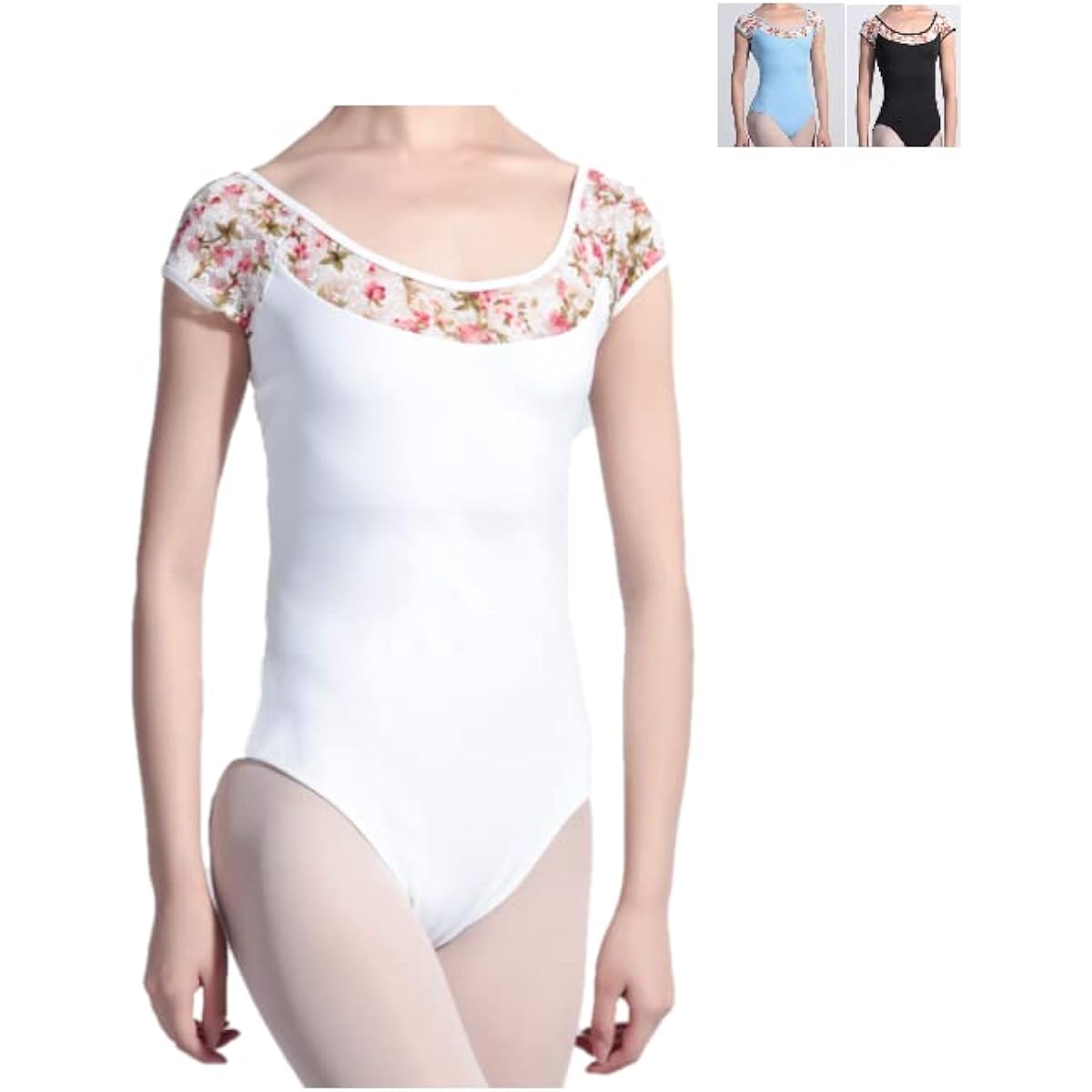 ProDance White Black Light Blue Floral Half Cup Women's Ballet Leotard PLHA015B