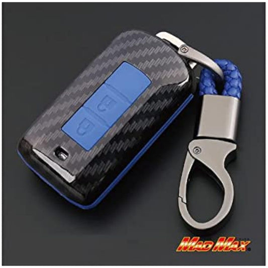 Carbon-like smart key case for Mitsubishi cars Outlander/RVR 2-button type TYPE1 with key chain Blue MM50-MI001-BL