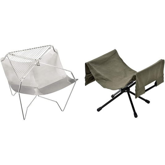 BUNDOK Bonfire Stand LOTUS BD-499 Stainless Steel Storage Case with Net Compact Silver Small & Firewood Carry Stand BD-904 Camping Bonfire Firewood Stand Stock Compact Storage [Buy as a set]