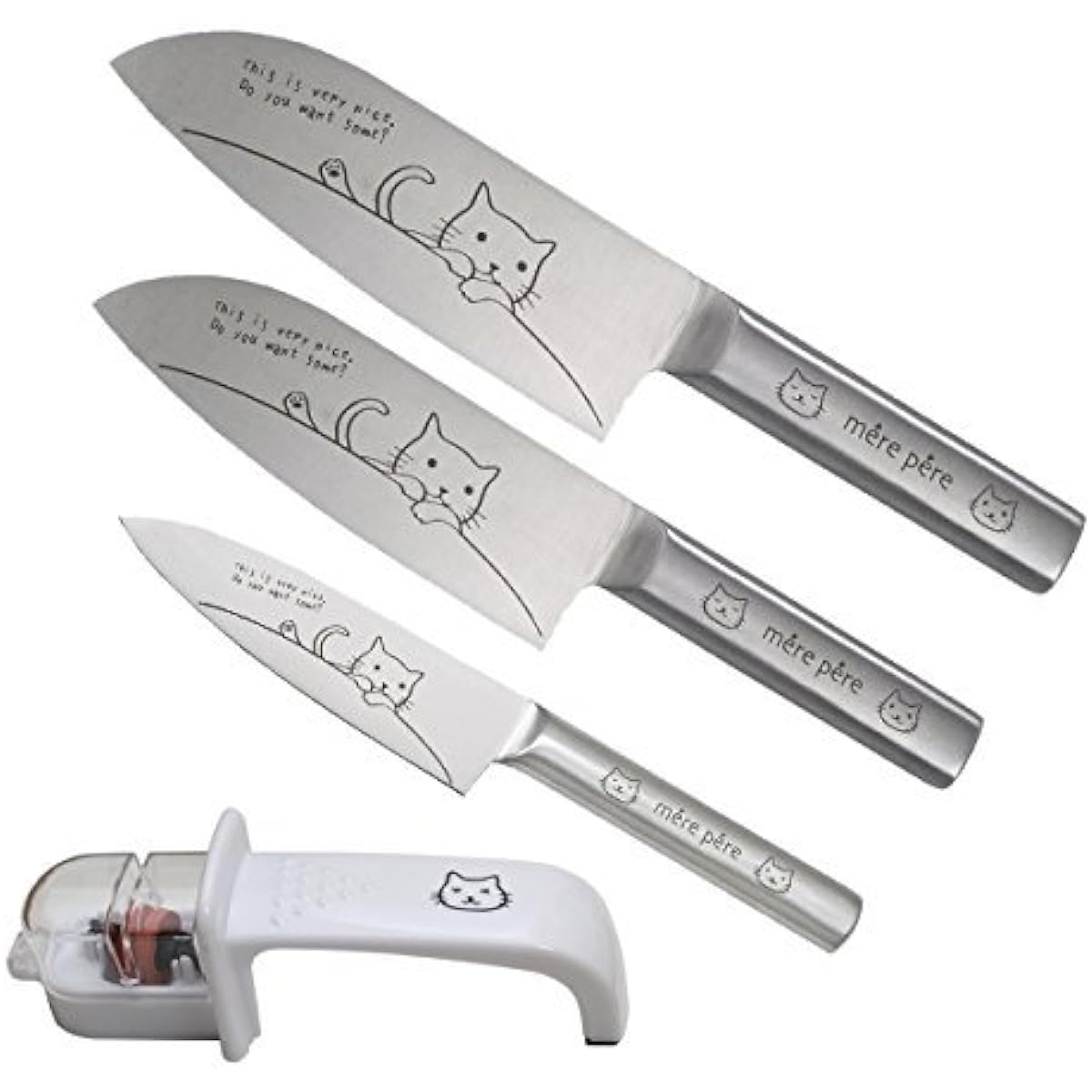 Merpere Neko Santoku Knife Large and Small & Petty Knife Triple Set (Cat patterned knife sharpener included)