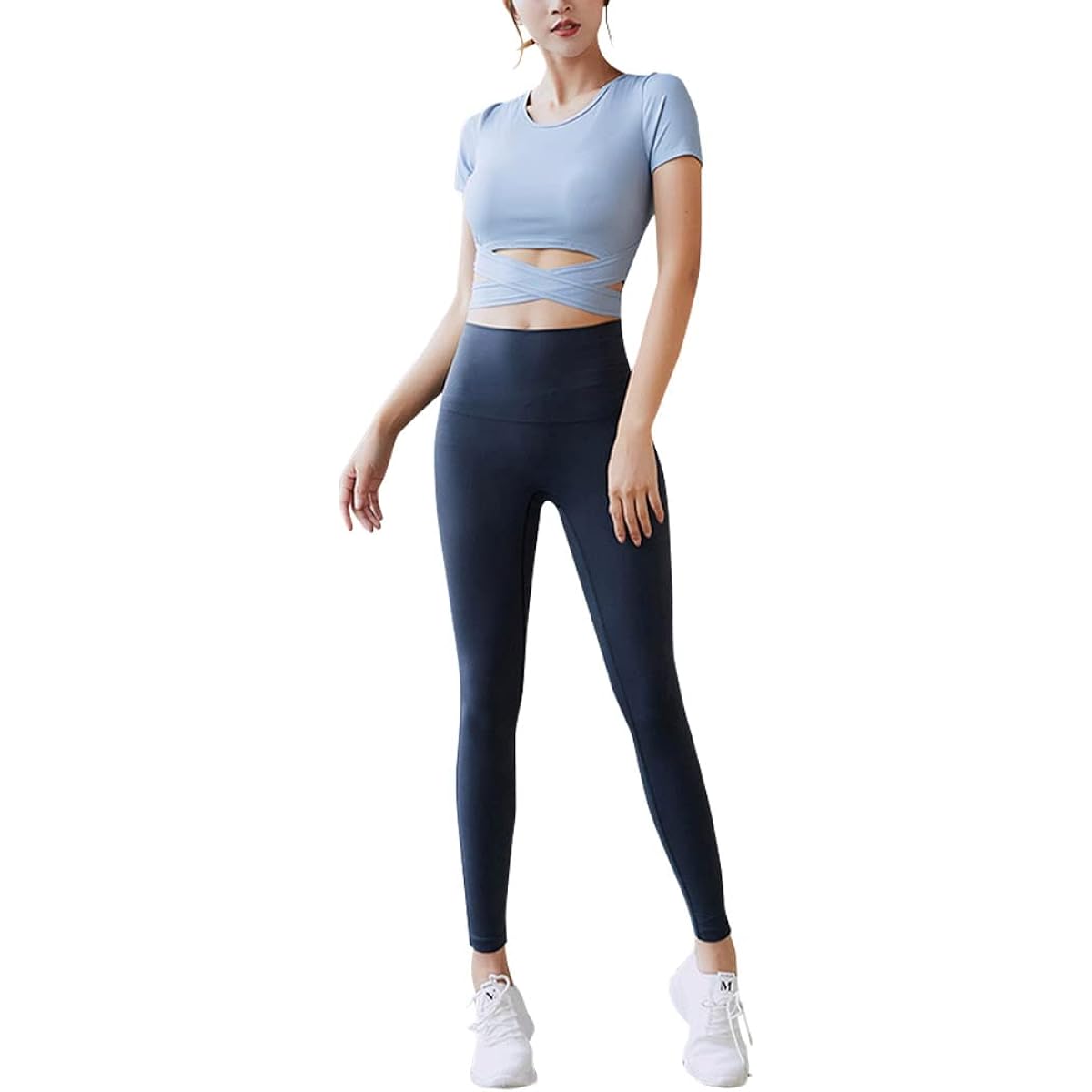 [DAYCLOSET] Women's Yoga Wear Tops Leggings Top and Bottom Set High Waist Thin Short Sleeve Cross Band yoga104