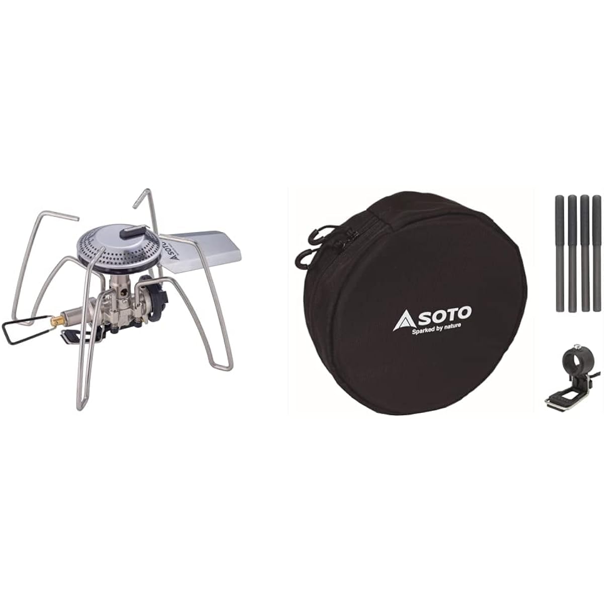 [SOTO] Made in Japan Single Burner Equipped with Micro Regulator (High Firepower/Wind Resistant) CB Can Group Camping Regulator Stove Range ST-340 Silver & Assist Set for Regulator Stove  Monotone Model ST -3104CSMT Black Assist Pouch Size: Diameter 15 x