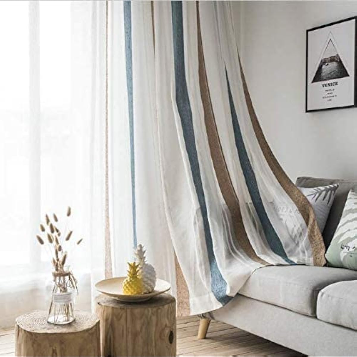 Ponoa Luxury Embroidered Striped Lace Curtain, Hard to See, Comes with Adjuster Hook, Fashionable, Stylish Voile Curtain, Blue, Beige (Width 150cm, 2 pieces included, Width 150cm x Length 110cm)
