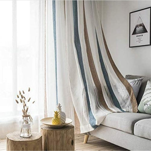 Ponoa Luxury Embroidered Striped Lace Curtain, Hard to See, Comes with Adjuster Hook, Fashionable, Stylish Voile Curtain, Blue, Beige (Width 150cm, 2 pieces included, Width 150cm x Length 110cm)