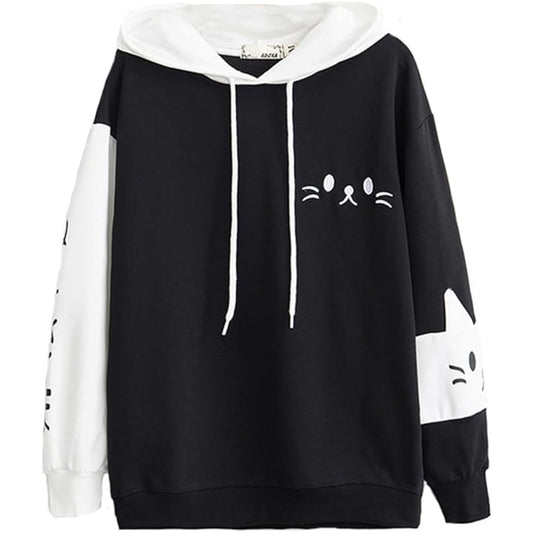 [El Stoppastow] Women's Parka, Spring and Autumn, Cat Embroidery, Loose, Cat Ears, Mori Girl, Pullover, Hooded, Student Parka, Cute