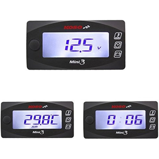 KOSO Small waterproof volt meter for motorcycles (can be switched to 3 displays: temperature/voltage/clock!) 12V only Mini3 meter with voltage drop warning function