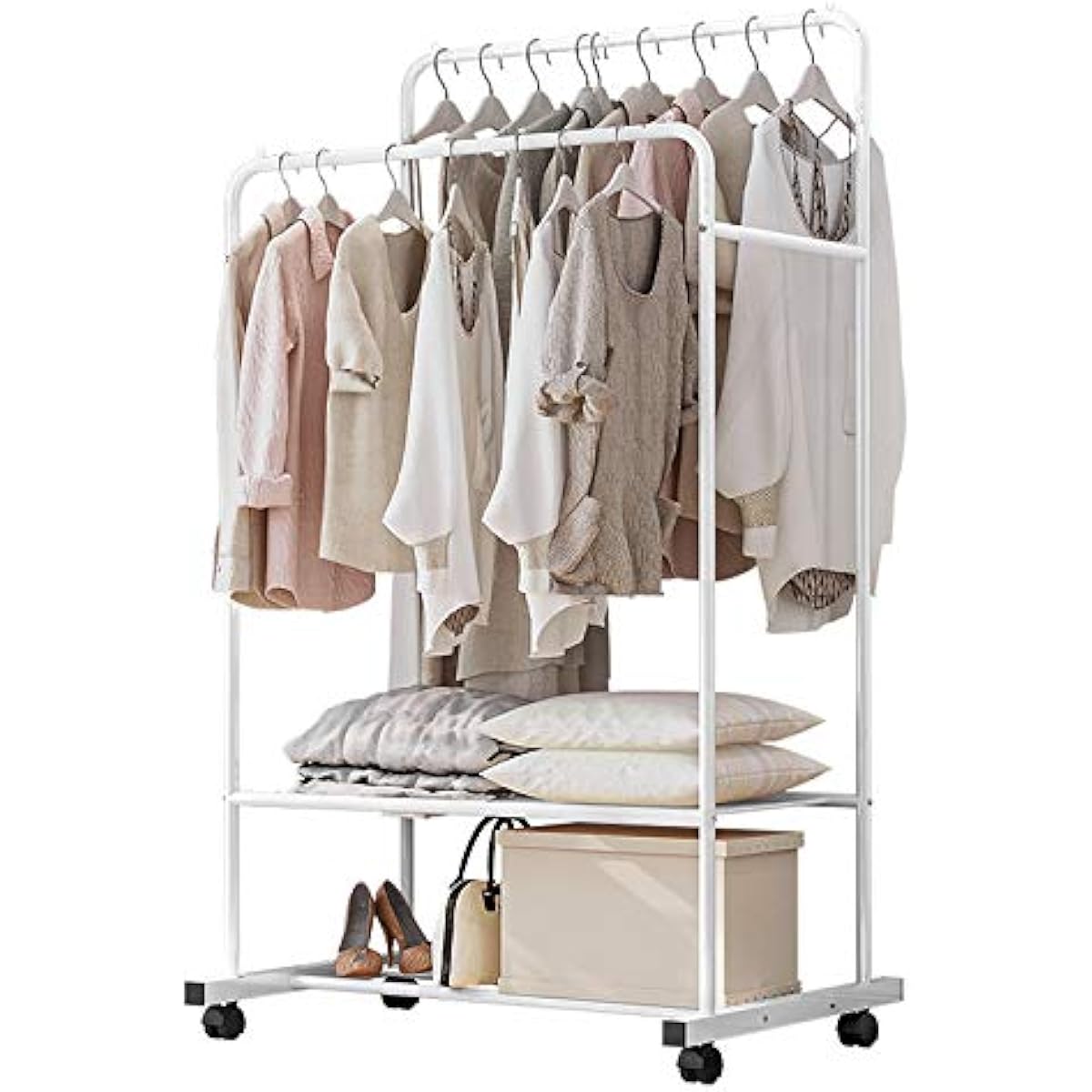 Hanger Rack Double Pipe Hanger with Casters Clothes Rack 2 Tiers Mesh Shelf Steel Rack Durable Closet Clothes Storage Rack Clothes Hanging Room Drying Stand Stylish White