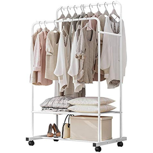 Hanger Rack Double Pipe Hanger with Casters Clothes Rack 2 Tiers Mesh Shelf Steel Rack Durable Closet Clothes Storage Rack Clothes Hanging Room Drying Stand Stylish White