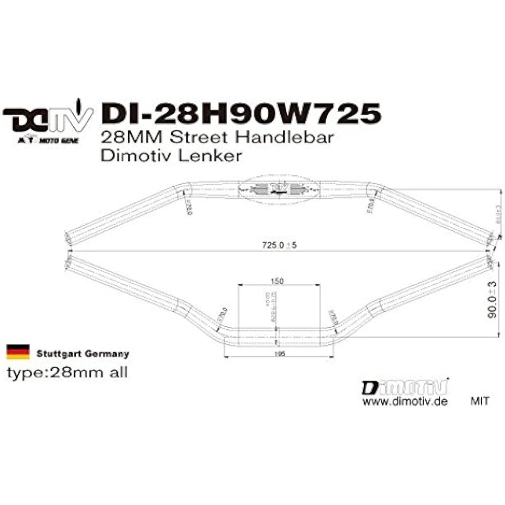 DIMOTIV Universal 28mm Aluminum Taper Handlebar H90mm/W725 DI-28H90W725-K (Black)