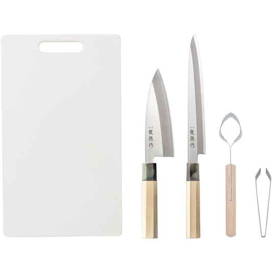 5-piece cooking utensil set for cooking fish Ryutoku Light (deba knife, sashimi knife, scale remover, boner, cutting board)