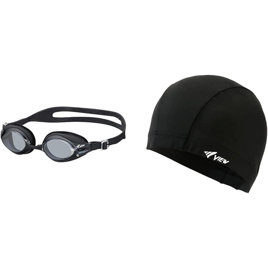 VIEW Swimming Goggles DOUBLE FIT SWIPE Equipped with ANTI-FOG BK V540SA & Swim Cap Two-way Cap Loose Type BK V154 [Set Purchase]