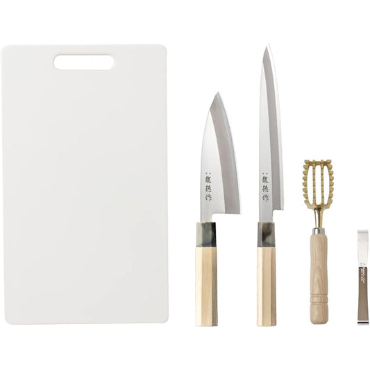 5-piece cooking utensil set for cooking fish Ryutoku (deba knife, sashimi knife, scale remover, boner, cutting board)