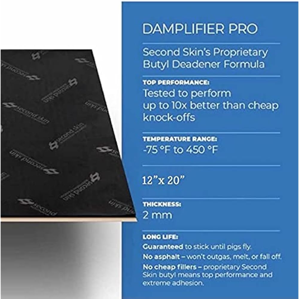 SECOND SKIN DAMPLIFIER PRO Premium Car Sound Deadning Material (2mm) - Butyl Gum Auto Sound Dead Nnermat (20 square feet, 12 sheets) - Made in the United States